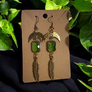 Artisan Gold Tone Half Moon and Faceted Green Gem Feather Earrings 3”